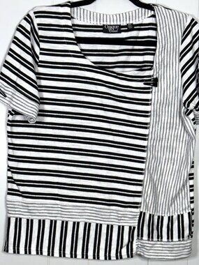 Onque Casual Black White Striped Button Short Sleeve Tunic Shirt Blouse Top XL